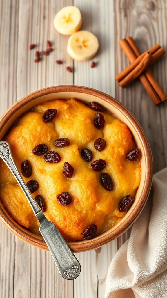 A bowl of sugar-free bread pudding with raisins, served on a wooden table with cinnamon and banana slices.